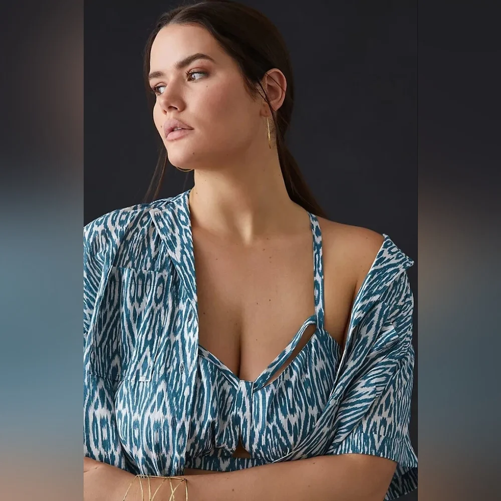 Anthropologie Pilcro Surf Bra Top In Ikat Blue And White Print Size M - Picture 1 of 12